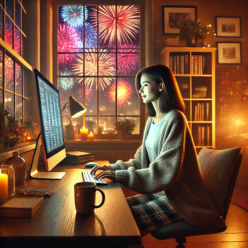 woman sitting at computer with fireworks